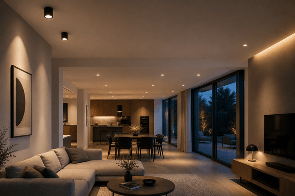 Moderne Wohnküche mit LED Deckenleuchten für gleichmässige Grundbeleuchtung und warme Lichtstimmung